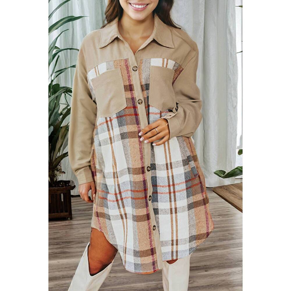 NEW 1 THE WOMAN plaid patch work long sleeve shirt mini fall dress in khaki